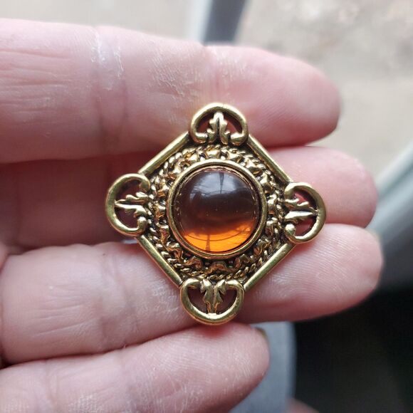 Avon Gold Tone Brooch Set Amber Cabochon w/ Clip Earrings Vintage - Picture 13 of 15